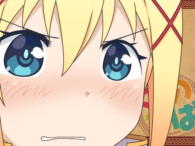 1girl, blonde_hair, blue_eyes, close-up, darkness_(konosuba), female_focus, gunuaki, gununu_(meme)