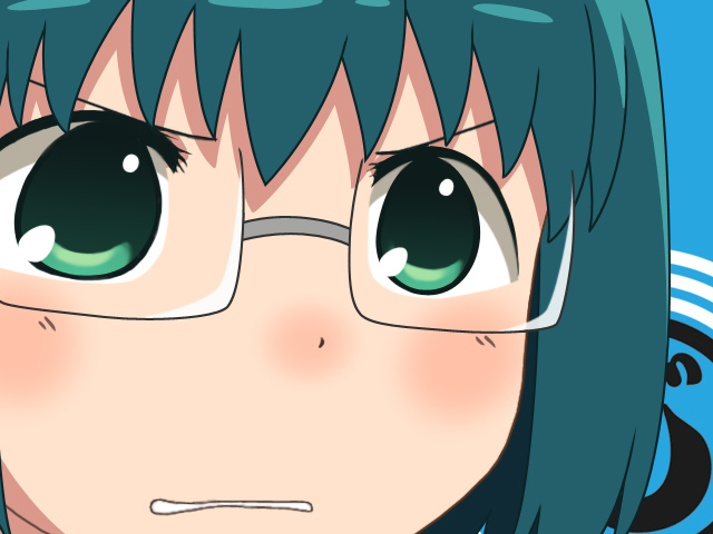 1girl, aqua_hair, clenched_teeth, close-up, female_focus, glasses, green_eyes, gunuaki