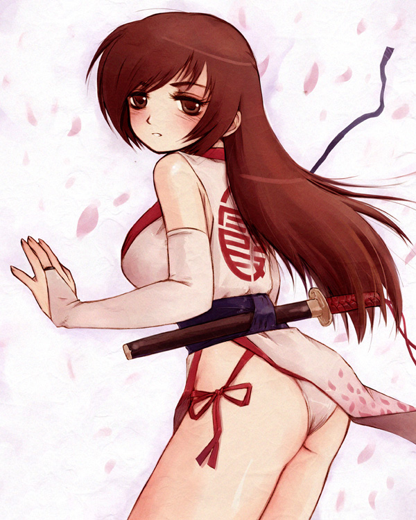 1girl, breasts, brown_eyes, brown_hair, cherry_blossoms, dead_or_alive, female_focus, kasumi_(doa)