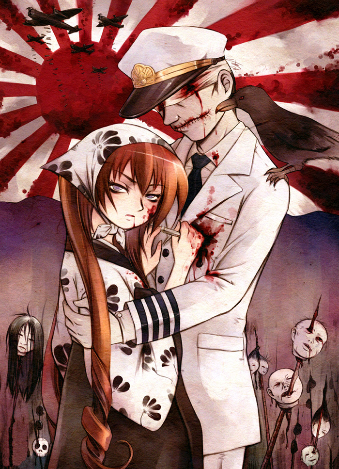 1boy, 1girl, aircraft, airplane, animal, animal_on_shoulder, bald, bandages, bandana, bird, bird_on_shoulder, black_hair, blood, blue_eyes, bomb, brown_hair, buttons, coat, crow, death, decapitation, drill_hair, explosive, flag, flat_chest, frown, glasgow_smile, guro, hat, impaled, japan, japanese_clothes, japanese_flag, kimono, long_hair, messiah, messiah_cage, necktie, night, pale_skin, peaked_cap, rising_sun_flag, sailor, scar, severed_head, skull, stab, stake, standing, stitches, sunburst, zombie