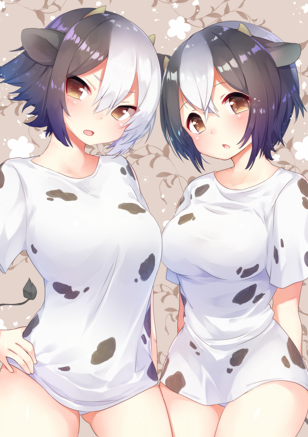 2girls, animal_ears, animal_print, arare_mochiko, black_hair, breasts, brown_eyes, contrapposto