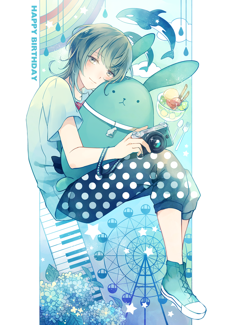 10s, 1boy, blue_background, blue_hair, camera, collar, converse, dolphin