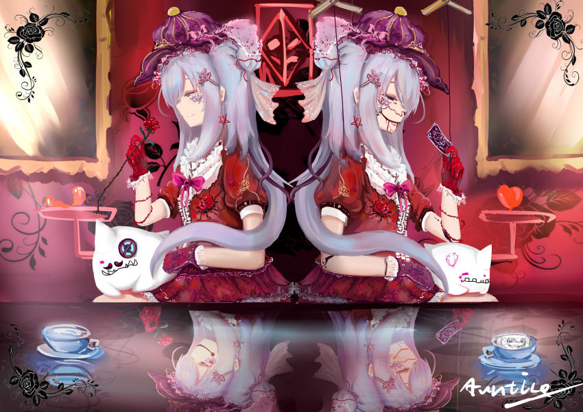 1girl, abstract, abstract_background, absurdres, asymmetrical_gloves, bleeding, blood, bonnet