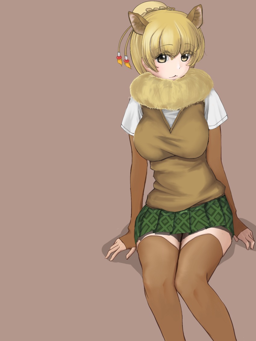 10s, 1girl, blonde_hair, brown_background, dromedary_(kemono_friends), dromedary_ears, dromedary_tail, fur_trim, hair_and_beard, hair_bun, highres, kemono_friends, miniskirt, pleated_skirt, simple_background, single_hair_bun, sitting, skirt, thighhighs, yellow_eyes