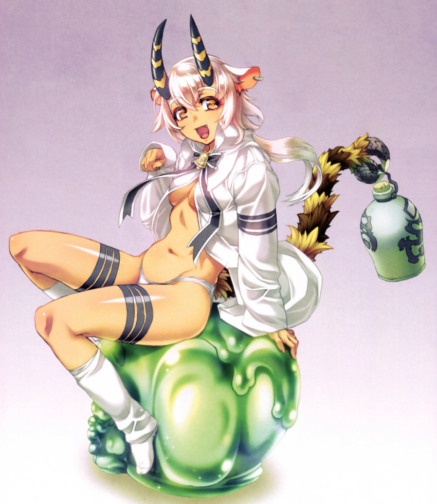 1girl, :d, animal_ears, arm_at_side, arm_support, bell, belphegor_(sin_nanatsu_no_taizai), belphegor_(the_seven_deadly_sins), blush, bow, bowtie, breasts, dark-skinned_female, dark_skin, demon_girl, demon_horns, earrings, fang, feet, female_focus, fingernails, groin, highres, horns, jewelry, loose_socks, medium_breasts, navel, nishii_(damnedrive), no_bra, no_pants, no_shoes, official_art, open_clothes, open_mouth, open_shirt, orange_eyes, panties, scan, shirt, sin_nanatsu_no_taizai, single_earring, sitting, small_breasts, smile, socks, solo, tail, the_seven_deadly_sins, thigh_strap, underboob, underwear, white_hair, white_panties, white_socks