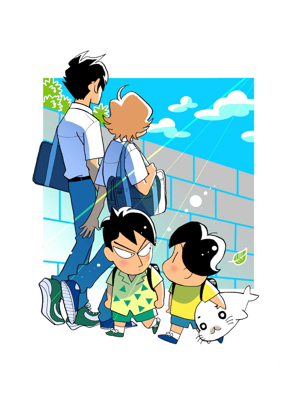 4boys, ahoge, anan_sugao, ashiya_ashibe, backpack, bag, black_hair, blue_sky