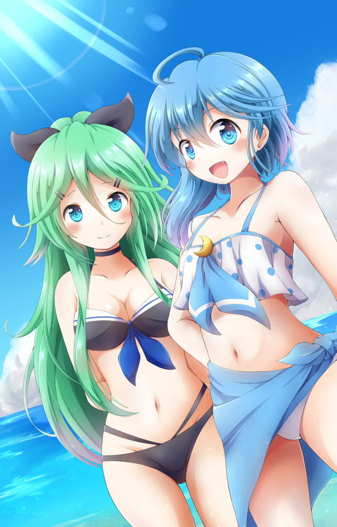 10s, 2girls, adapted_costume, ahoge, asymmetrical_hair, bikini, black_bikini, black_ribbon