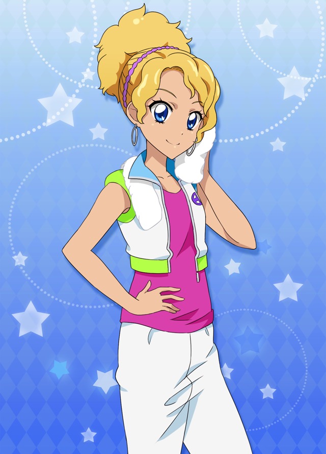 1girl, aikatsu!, aikatsu!_(series), aikatsu!_photo_on_stage!!, blonde_hair, blue_background, blue_eyes, earrings, female_focus, hateruma_minami, jewelry, pants, pink_shirt, ponytail, shirt, smile, solo, star_(symbol), star_symbol_background, tan, towel, vest, white_pants