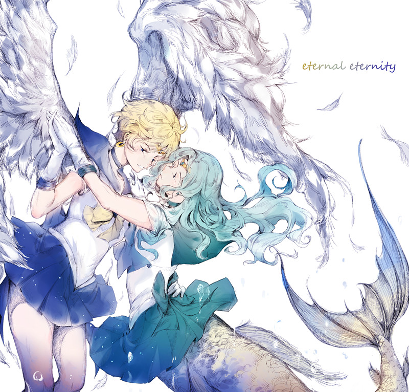 2girls, amako_(kitashiragawa), aqua_hair, aqua_skirt, bishoujo_senshi_sailor_moon, blue_skirt, choker, feathered_wings, feathers, gloves, holding_hands, kaiou_michiru, long_hair, mermaid, monster_girl, multiple_girls, pleated_skirt, sailor_neptune, sailor_uranus, short_hair, skirt, ten'ou_haruka, very_short_hair, white_gloves, white_wings, wings, yuri