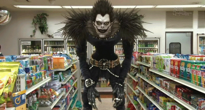 00s, animated, animated_gif, death_note, oxxo, ryuk, screencap, shop