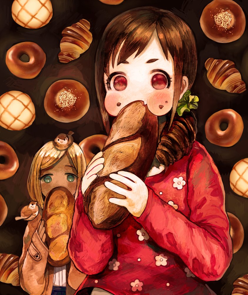 10s, 2girls, animal, animal_on_head, animal_on_shoulder, aqua_eyes, bagel, bird