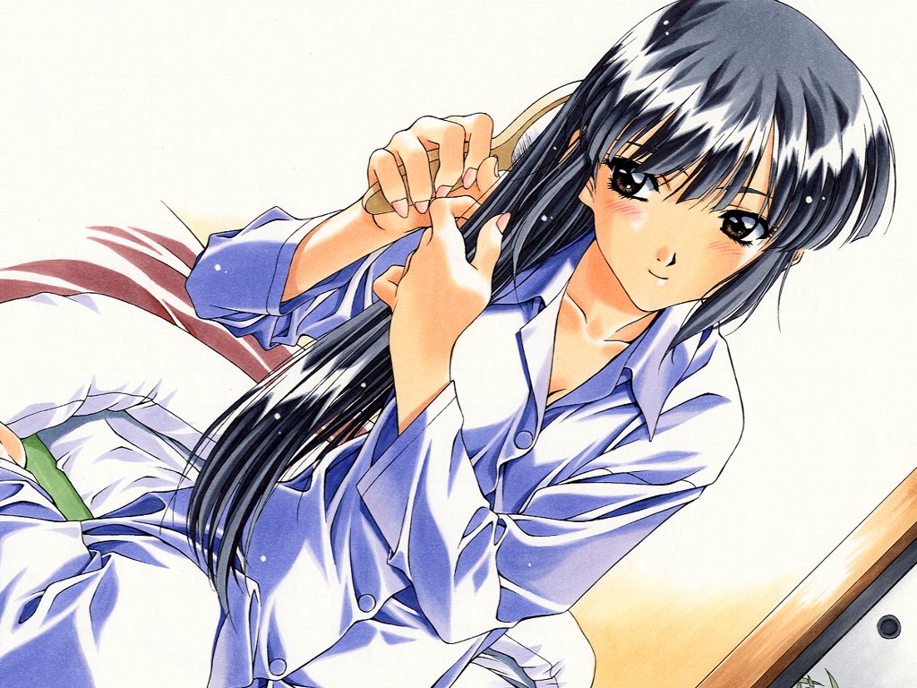 1990s_(style), 1girl, ayasaki_wakana, black_eyes, black_hair, brown_eyes, brushing, brushing_hair