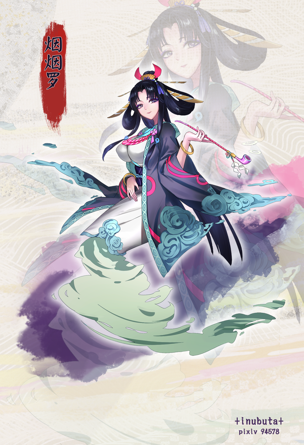 1girl, artist_name, bad_id, bad_pixiv_id, black_hair, blush, bracelet, breasts