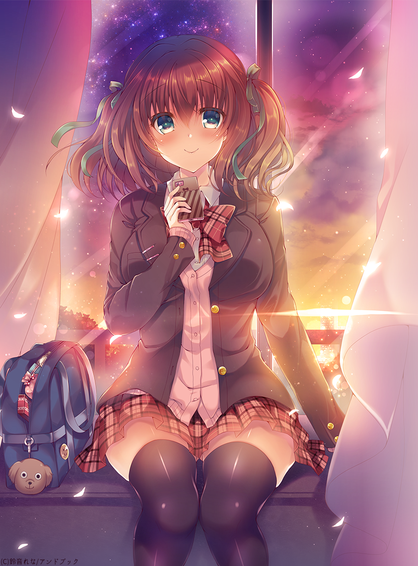 1girl, aoki_kaede, badge, bag, black_thighhighs, blazer, blush, bow