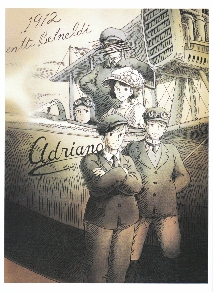 1912, absurdres, aircraft, airplane, character_request, crossed_arms, hat, highres, kurenai_no_buta, scan, studio_ghibli