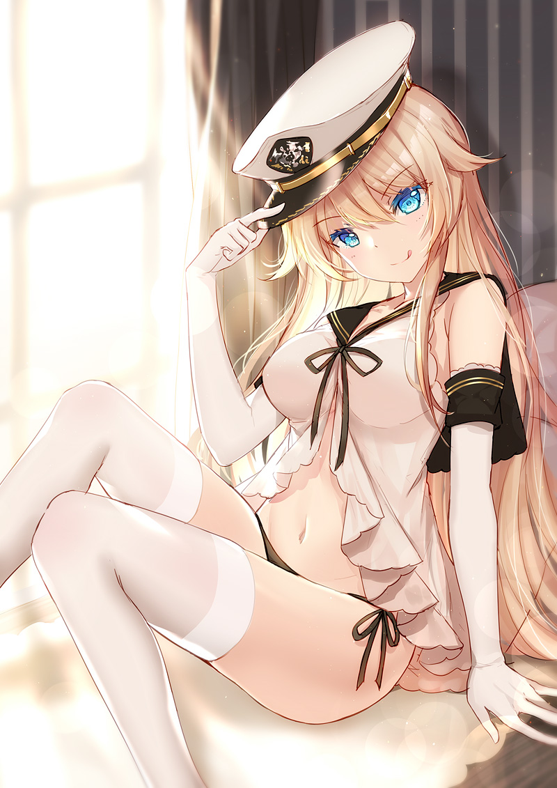 1girl, alternate_costume, bison_cangshu, black_panties, blonde_hair, blue_eyes, breasts, curtains