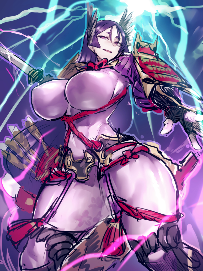 1girl, bodysuit, breasts, fate/grand_order, fate_(series), female_focus, fingerless_gloves, gloves, highres, huge_breasts, katana, lightning, long_hair, melon22, minamoto_no_raikou_(fate), minamoto_no_raikou_(third_ascension)_(fate), purple_eyes, purple_hair, skeeter_valentine, solo, sword, thick_thighs, thighs, very_long_hair, weapon