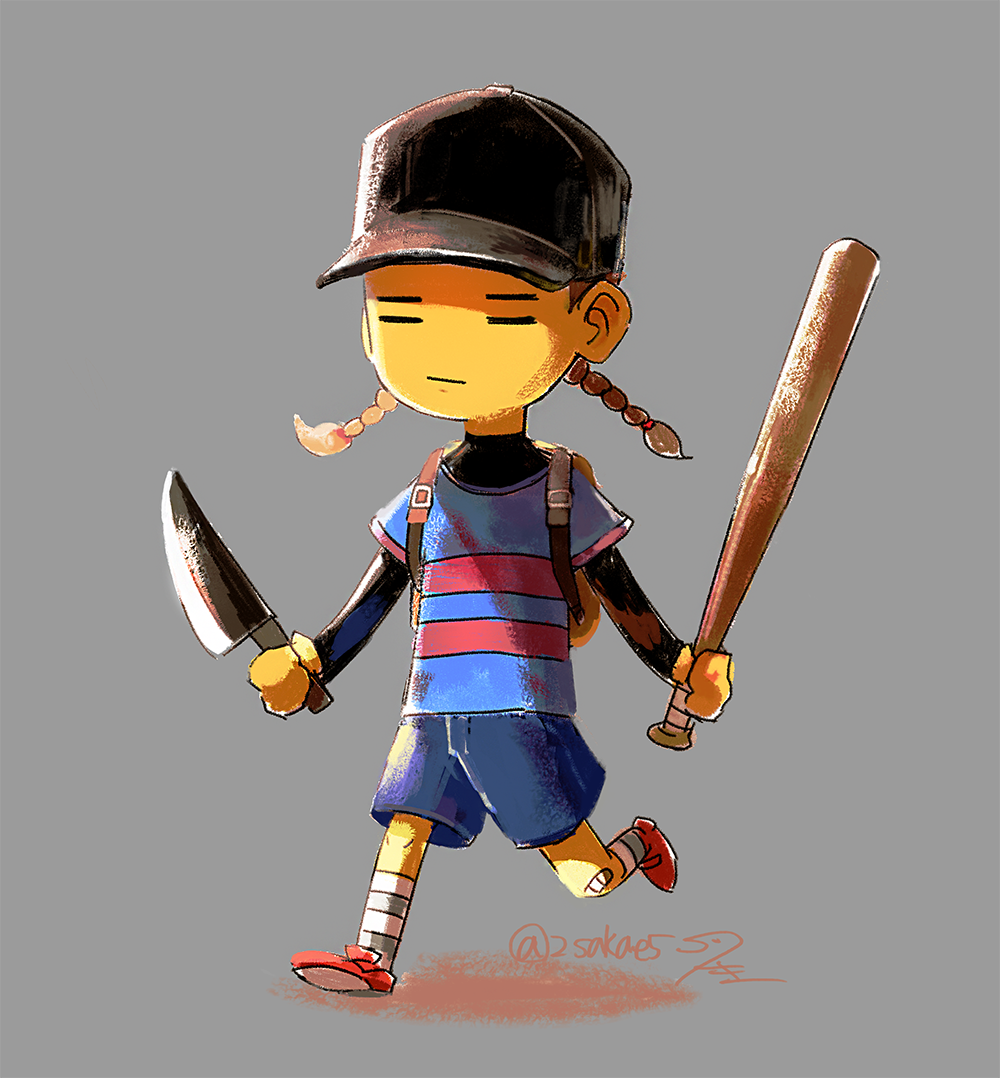 =_=, androgynous, backpack, bag, bandaid, bandaid_on_knee, bandaid_on_leg, baseball_bat