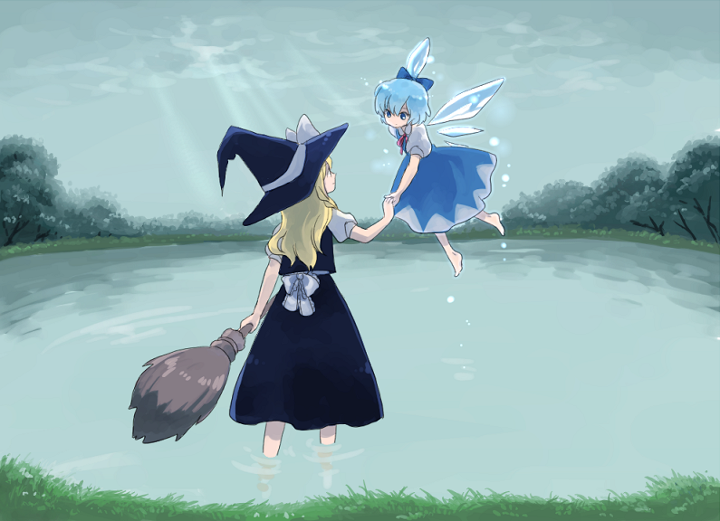 2girls, bad_id, bad_pixiv_id, barefoot, blonde_hair, blue_hair, bow, broom