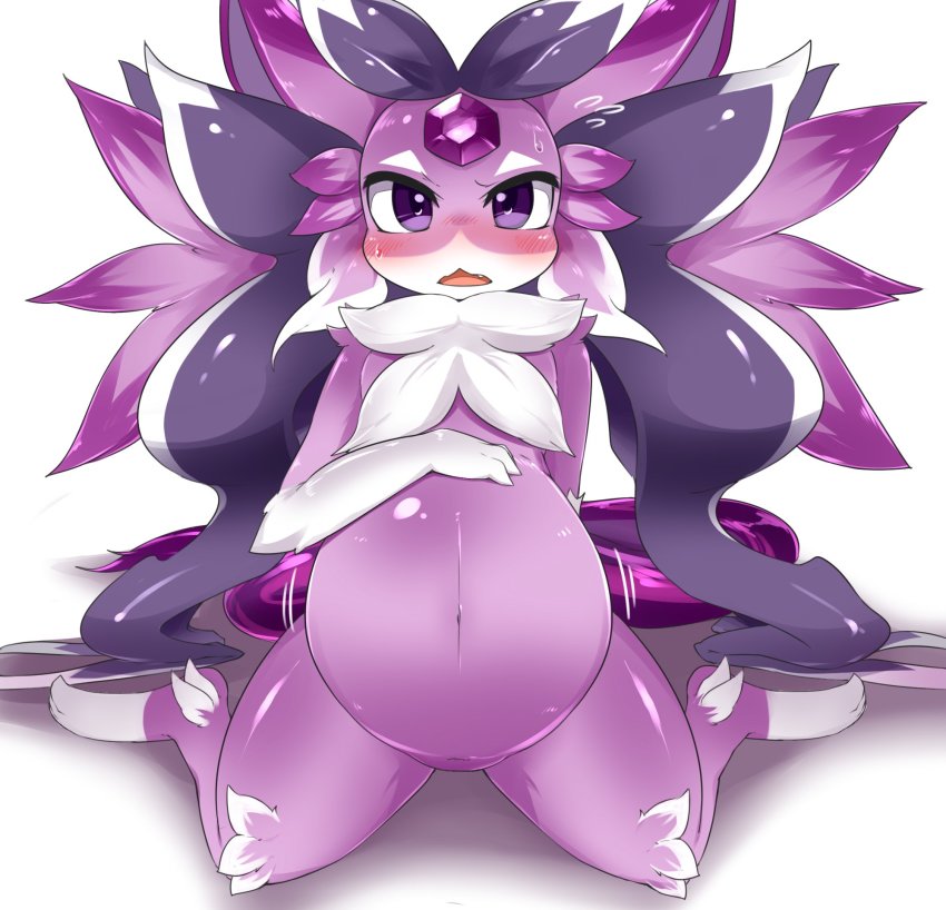 1girl, belly, female_focus, forehead_jewel, furry, furry_female, highres, moonlight_carbuncle, open_mouth, pregnant, purple_eyes, puzzle_&amp;_dragons, ravinosuke1, solo