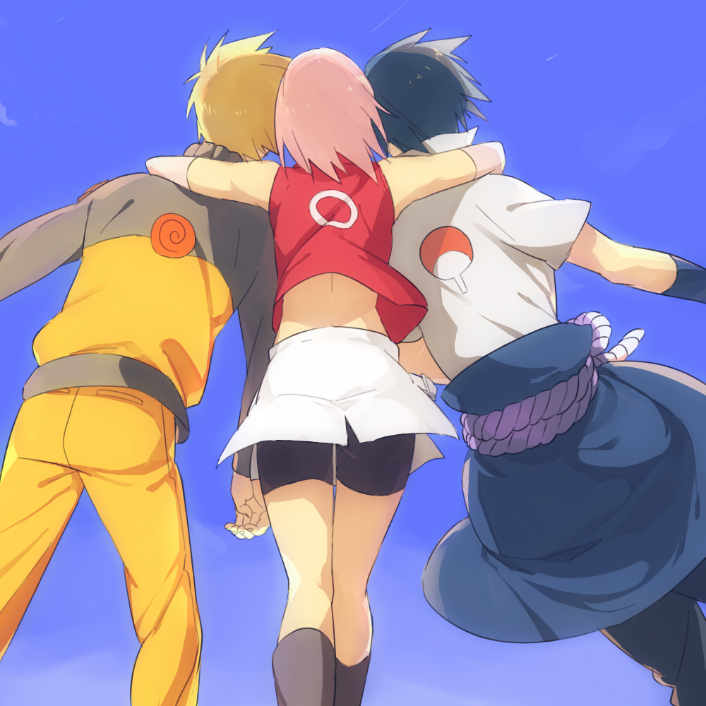 1girl, 2boys, bike_shorts, black_hair, black_pants, black_shorts, black_socks, blonde_hair, blue_background, from_behind, haruno_sakura, kittyon03, kneehighs, kneepits, midriff, multiple_boys, naruto_(classic), naruto_(series), pants, pink_hair, red_shirt, shirt, short_hair, short_sleeves, shorts, shorts_under_skirt, skirt, sky, sleeveless, socks, uchiha_sasuke, uzumaki_naruto, white_skirt, yellow_pants