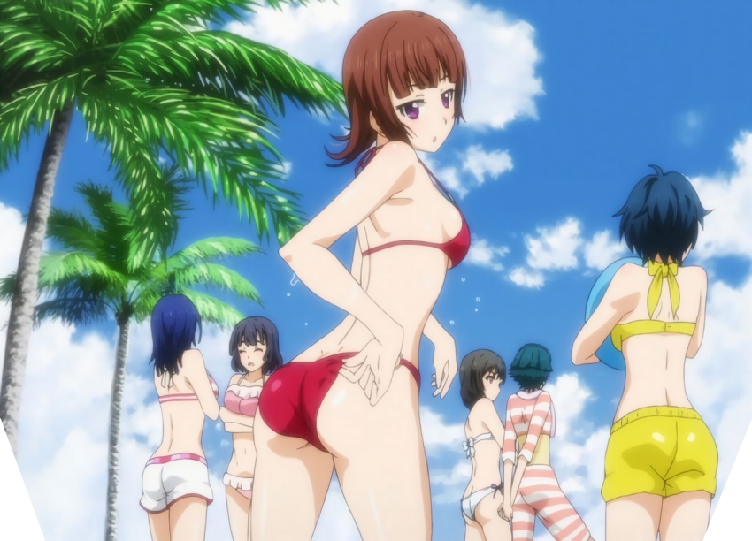 6+girls, active_raid, adjusting_clothes, adjusting_swimsuit, anime_screenshot, arms_behind_back, ass, bikini