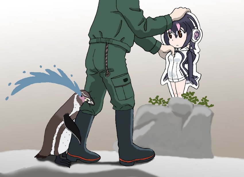 10s, bird, cardboard_cutout, commentary_request, crying, grape-kun, highres, humboldt_penguin