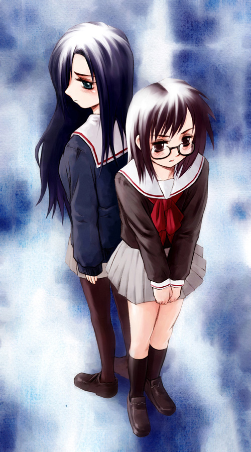 2girls, black_hair, blush, bow, brown_eyes, brown_hair, flat_chest, glasses, green_eyes, hair_over_one_eye, kurihara_touko, long_hair, messiah_cage, multiple_girls, pantyhose, profile, sailor, sakaki_shinobu, school_uniform, serafuku, shirt, shoes, short_hair, skirt, socks, standing, striped, tenshi_no_inai_12-gatsu