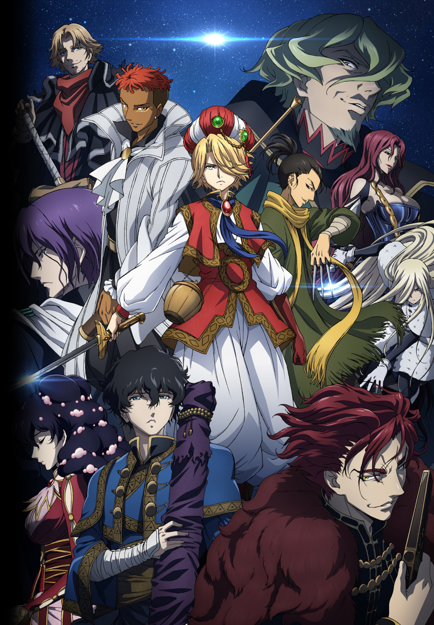 2girls, abiriga_(shoukoku_no_altair), absurdres, al-kaplan_balaban, armut_aisha, black_hair, blonde_hair, blue_eyes, breasts, cleavage, cyrus_eos_apollodoros, dark-skinned_male, dark_skin, gllad_bellrick, highres, kara-kanat_suleyman, key_visual, lady_leredrick, large_breasts, lelederik_of_ellvaldez, long_hair, mahmut_bey, multiple_boys, multiple_girls, official_art, promotional_art, red_hair, short_hair, shoukoku_no_altair, sword, ulema_beyazit, virgilio_louis, weapon, zehir_zaganos_pasha