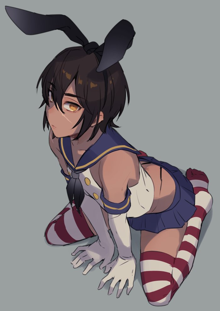 1boy, animal_ears, arched_back, bad_id, bad_twitter_id, black_hair, black_panties, blouse, cosplay, crossdressing, crossdressing_(mtf), crossover, dark-skinned_male, dark_skin, elbow_gloves, fake_animal_ears, full_body, gloves, granblue_fantasy, jamil_(granblue_fantasy), kantai_collection, male_focus, microskirt, misaka_niumu, panties, shimakaze_(kancolle), shimakaze_(kancolle)_(cosplay), shirt, simple_background, skirt, sleeveless, sleeveless_shirt, solo, striped_clothes, striped_thighhighs, thighhighs, trap, underwear, white_shirt