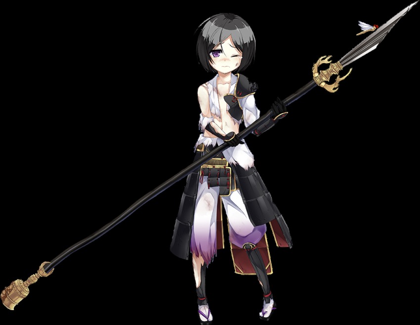 1girl, armor, black_hair, broken, broken_armor, broken_spear, broken_weapon, bug