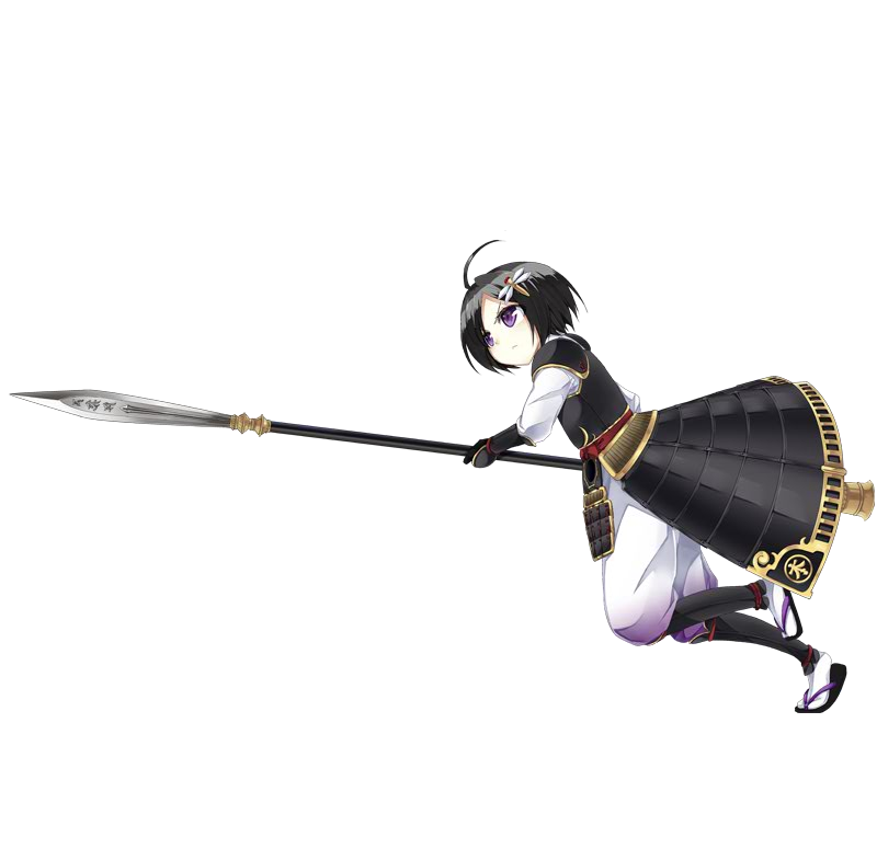 1girl, ahoge, armor, black_hair, bug, dragonfly, female_focus, full_body, gloves, hair_ornament, holding, holding_weapon, insect, kanzaki_karuna, odaki_(oshiro_project), official_art, oshiro_project:re, polearm, purple_eyes, short_hair, solo, spear, transparent_background, weapon