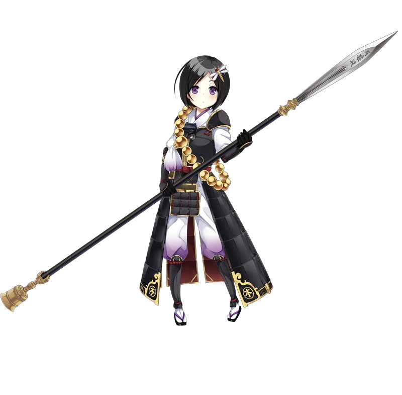 1girl, armor, beads, black_hair, bug, dragonfly, female_focus, full_body, gloves, hair_ornament, holding, holding_weapon, insect, kanzaki_karuna, odaki_(oshiro_project), official_art, oshiro_project:re, polearm, prayer_beads, purple_eyes, short_hair, solo, spear, transparent_background, weapon