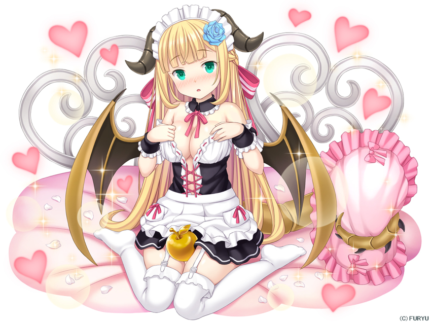 10s, 1girl, :o, apple, apron, bare_shoulders, black_dress, blonde_hair