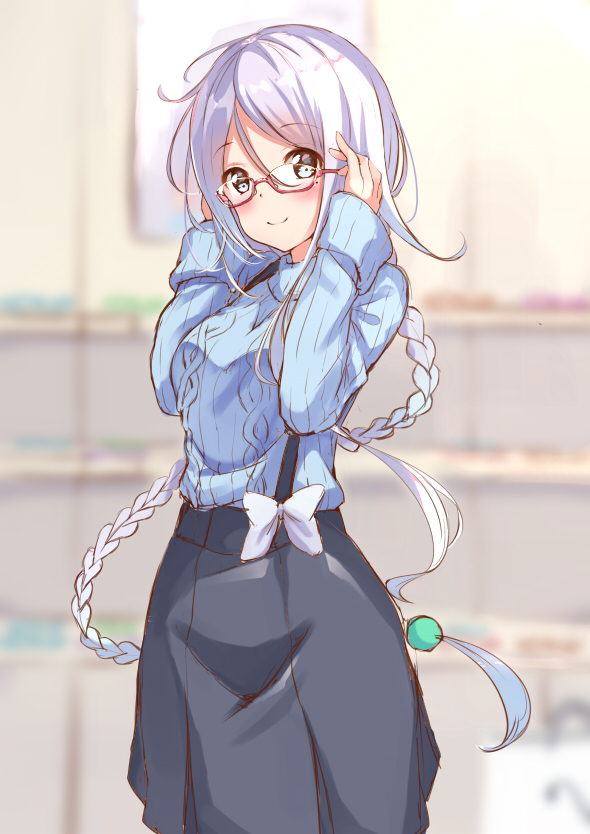 10s, 1girl, adjusting_eyewear, ahoge, alternate_costume, aran_sweater, arms_up, bespectacled