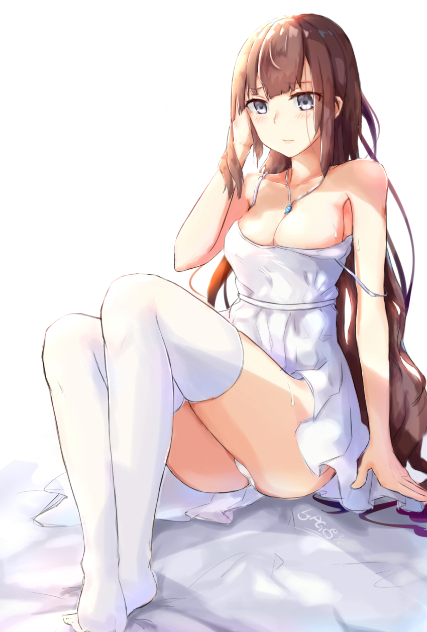 1girl, blush, breasts, brown_hair, cleavage, dress, female_focus, full_body