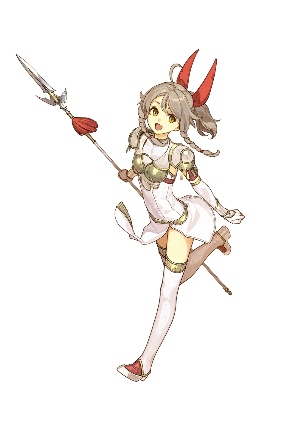 1girl, armor, boots, bow, braid, breastplate, dress, emma_(fire_emblem), female_focus, fire_emblem, fire_emblem_cipher, fire_emblem_echoes:_shadows_of_valentia, full_body, gloves, hidari_(left_side), highres, holding, holding_weapon, leg_up, light_brown_hair, long_hair, nintendo, official_art, open_mouth, polearm, ponytail, red_bow, short_dress, simple_background, smile, solo, spear, thigh_boots, thighhighs, twin_braids, weapon, white_background, white_dress, yellow_eyes, zettai_ryouiki