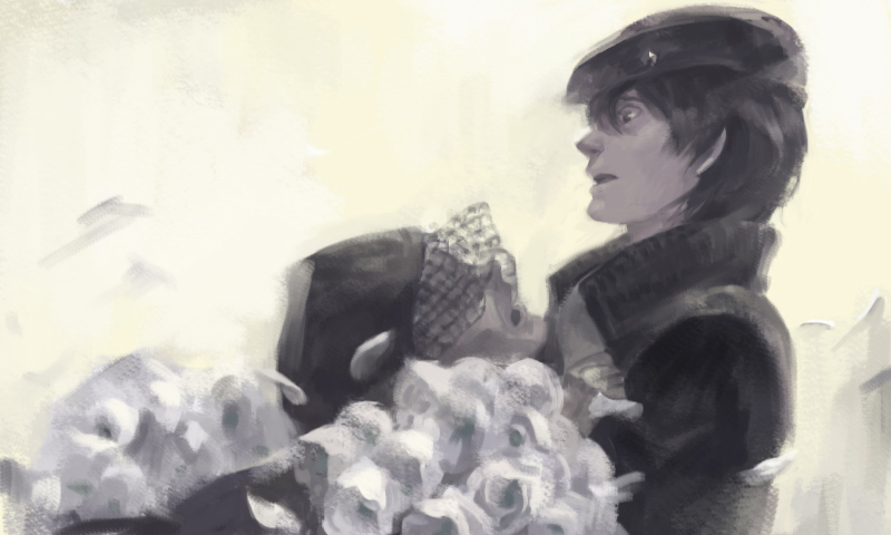 1boy, 1girl, bad_id, bad_pixiv_id, black_hair, bouquet, flower, from_side, ginga_eiyuu_densetsu, hat, jessica_edwards, long_sleeves, nishihara_isao, open_mouth, profile, rose, shirt, simple_background, upper_body, veil, vest, white_flower, white_rose, yang_wen-li, yellow_background