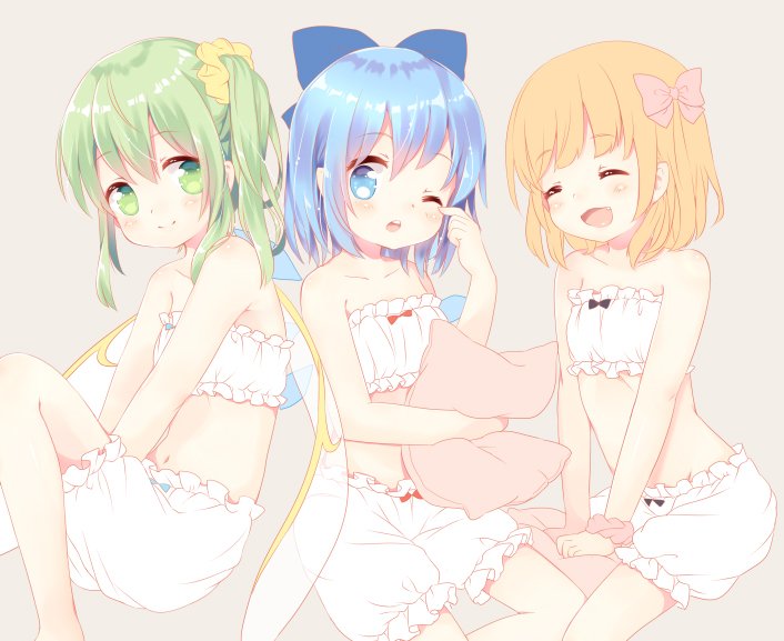 3girls, :d, ;o, bare_shoulders, blonde_hair, bloomers, blue_eyes, blue_hair