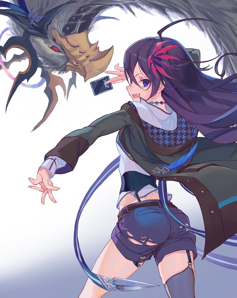 1girl, :d, ahoge, ass, back, bad_id, bad_twitter_id, belt, between_fingers, blue_shorts, breasts, card, choker, commentary_request, cowboy_shot, fang, feathers, female_focus, fingernails, floating, floating_hair, from_behind, garter_straps, gradient_background, grey_thighhighs, hair_ornament, hands_up, holding, holding_card, jacket, kamiyugi_yachiyo, legs_apart, long_hair, long_sleeves, looking_at_viewer, looking_back, monster, open_clothes, open_jacket, open_mouth, purple_hair, shirt, short_shorts, shorts, single_thighhigh, smile, solo, standing, thighhighs, torn_clothes, torn_shorts, twisted_neck, washi_no_tosaka, white_shirt, wind, z/x