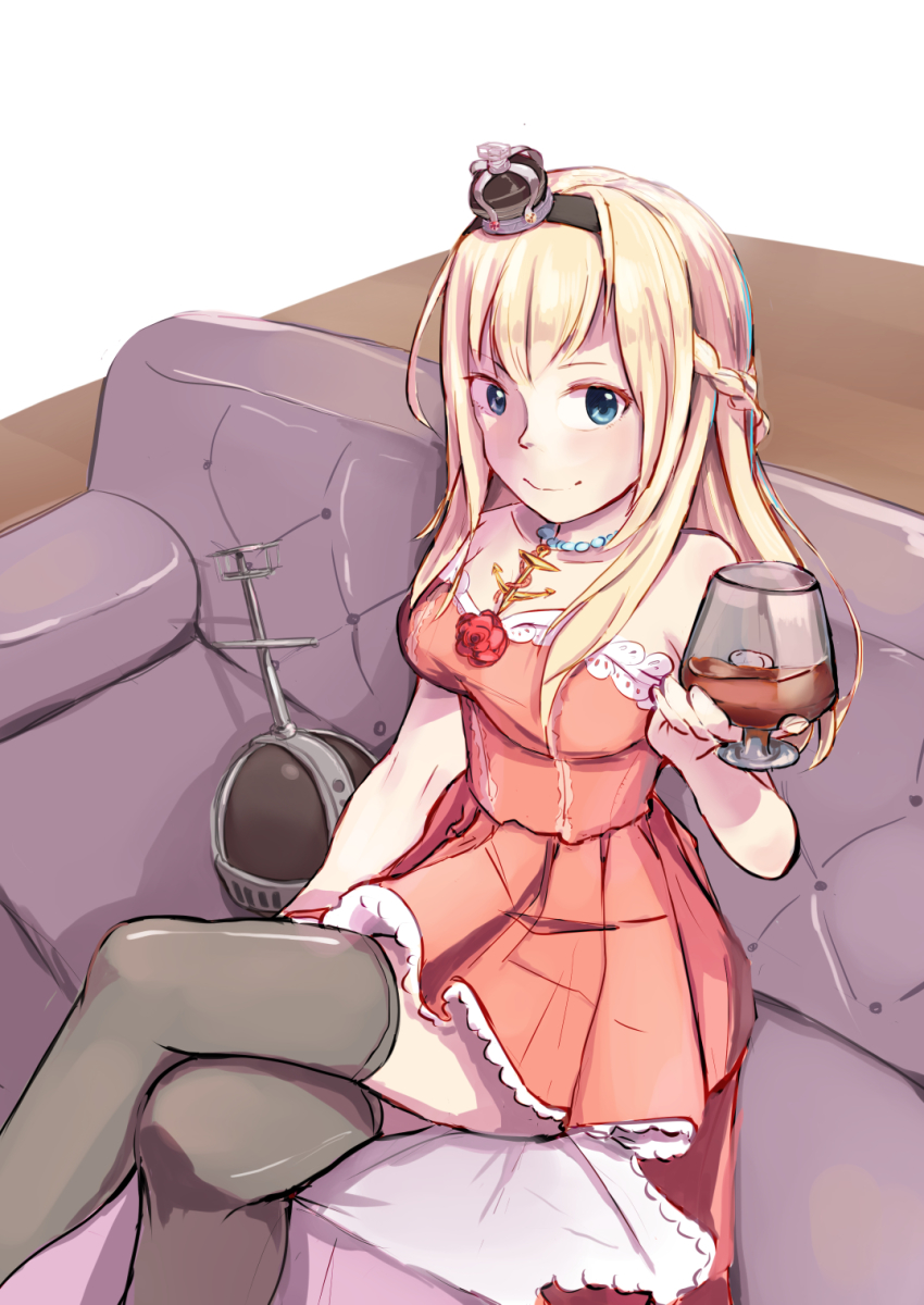 10s, 1girl, alcohol, alternate_costume, bad_anatomy, bad_hands, black_thighhighs, blonde_hair, blue_eyes, braid, couch, crossed_legs, crown, cup, dress, drinking_glass, female_focus, half_up_braid, highres, jewelry, jiao_(assppp655), kantai_collection, mini_crown, necklace, off-shoulder_dress, off_shoulder, red_dress, sitting, solo, thighhighs, warspite_(kancolle), wine, wine_glass