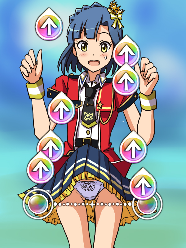 10s, 1girl, arrow_(symbol), blue_hair, blush, braid, clothes_lift, commentary_request, crown, female_focus, gameplay_mechanics, idolmaster, idolmaster_million_live!, idolmaster_million_live!_theater_days, lielos, looking_at_viewer, mini_crown, nanao_yuriko, open_mouth, panties, shiny_trinity_(idolmaster), short_hair, skirt, skirt_lift, solo, sweatdrop, underwear, wrist_cuffs, yellow_eyes