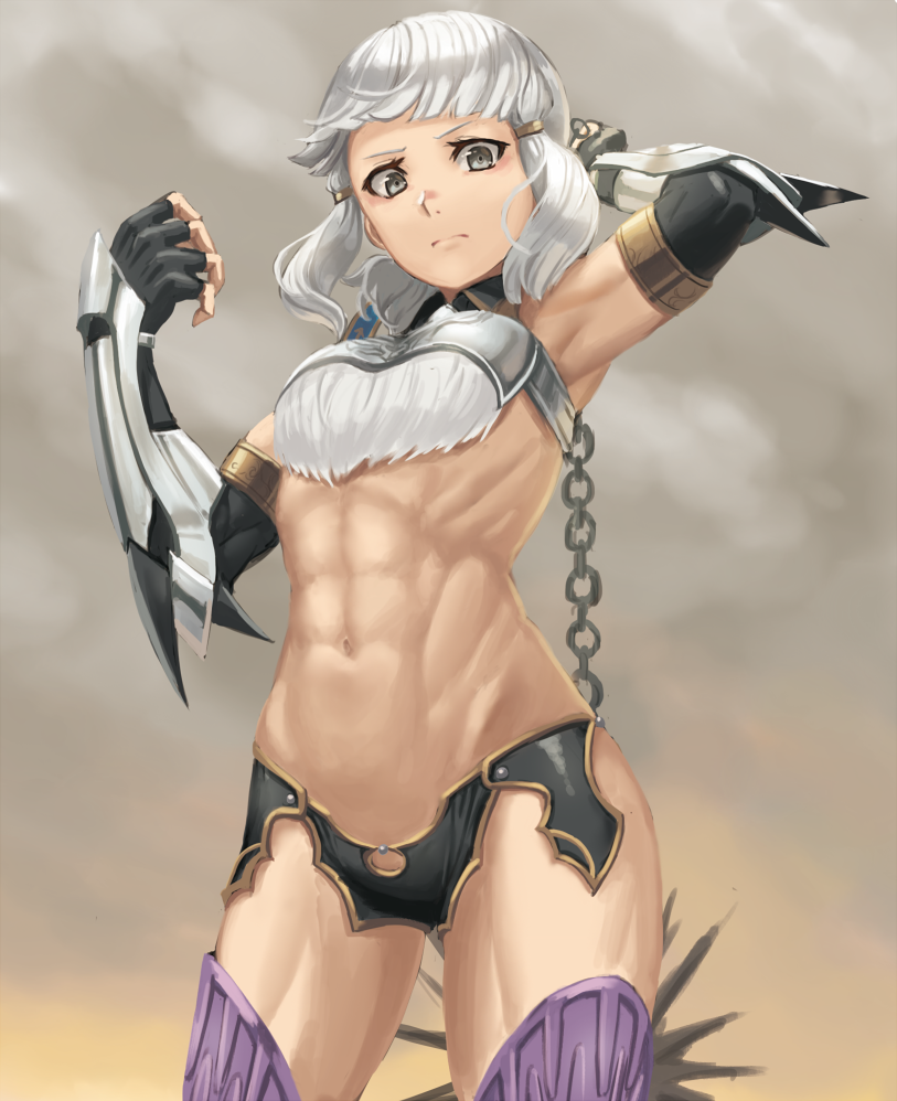 1girl, abs, armor, berserker_of_el_dorado, breastplate, chain, fate/grand_order, fate_(series), fingerless_gloves, flail, gauntlets, gloves, grey_eyes, muscular, muscular_female, navel, penthesilea_(fate), ranma_(kamenrideroz), standing, weapon, white_hair