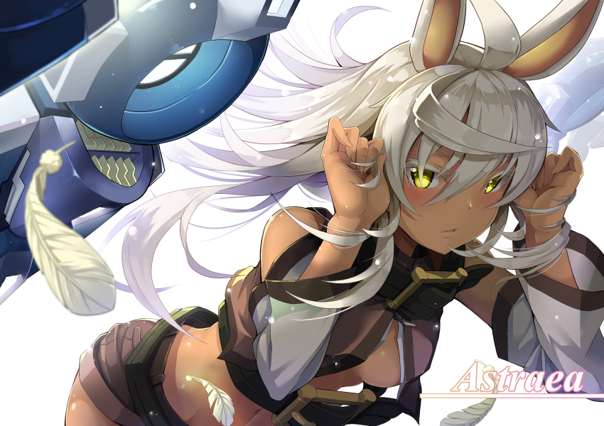 1girl, absurdres, ahoge, animal_ears, astraea_(jie_laite), backlighting, bare_shoulders, belt, belt_buckle, breasts, brown_belt, brown_shirt, brown_shorts, buckle, character_name, colored_eyelashes, commentary_request, crop_top, dark-skinned_female, dark_skin, detached_sleeves, feathers, female_focus, fingernails, floating_hair, hair_between_eyes, hands_in_own_hair, hands_up, highres, leaning_forward, long_hair, looking_at_viewer, machinery, medium_breasts, midriff, navel, original, parted_lips, shirt, shorts, simple_background, solo, white_background, white_feathers, white_hair, yellow_eyes, zelitto