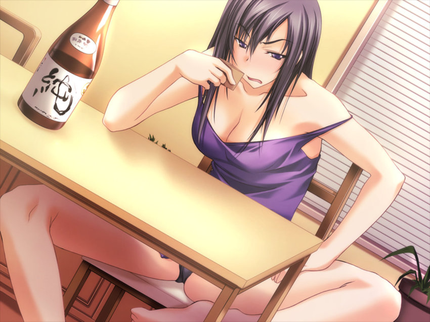 1girl, alcohol, blush, bottle, breasts, cleavage, drunk, female_focus, game_cg, hizuki_shino, kawagishi_keitarou, large_breasts, purple_eyes, purple_hair, ringetsu, sake, solo, strap_slip, teacher
