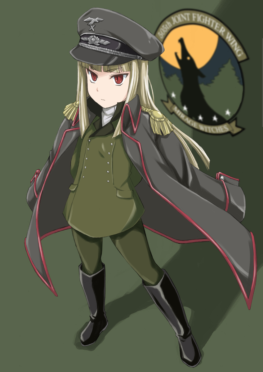 1girl, 505th_joint_fighter_wing_(emblem), arms_behind_back, bags_under_eyes, black_boots, black_hat, blonde_hair, blunt_bangs, boots, closed_mouth, epaulettes, female_focus, full_body, green_background, green_jacket, green_pants, grete_m._gollob, hat, highres, jacket, jacket_on_shoulders, knee_boots, long_hair, long_sleeves, looking_at_viewer, military, military_hat, military_uniform, pants, peaked_cap, red_eyes, serious, simple_background, solo, standing, strike_witches, wan'yan_aguda, world_witches_series