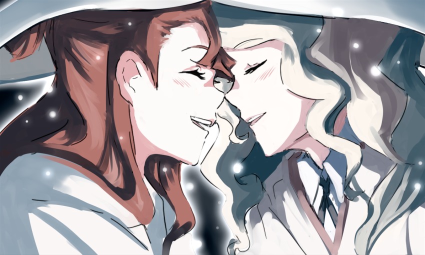 10s, 2girls, :d, ^_^, alternate_clothes_color, alternate_color, blonde_hair, blush, brown_hair, closed_eyes, couple, diana_cavendish, eliln, face-to-face, female_focus, forehead-to-forehead, happy, hat, heads_together, kagari_atsuko, light_particles, little_witch_academia, long_hair, multicolored_hair, multiple_girls, neck, noses_touching, one_side_up, open_mouth, round_teeth, simple_background, smile, teeth, two-tone_hair, upper_body, white_hair, witch, witch_hat, yuri