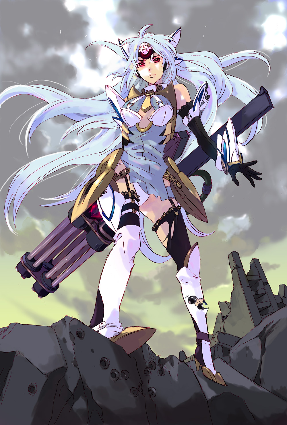 00s, 1girl, android, armor, bare_shoulders, black_gloves, blue_eyes, blue_hair, boots, breasts, damaged, elbow_gloves, female_focus, garter_straps, gloves, gun, highres, judemomo, kaori_(pixiv46502), kos-mos, kos-mos_ver._4, long_hair, machine_gun, matching_hair/eyes, ozaki_kaori, panties, red_eyes, ruins, solo, thigh_boots, thighhighs, torn_clothes, underboob, underwear, very_long_hair, weapon, xenosaga, xenosaga_episode_iii