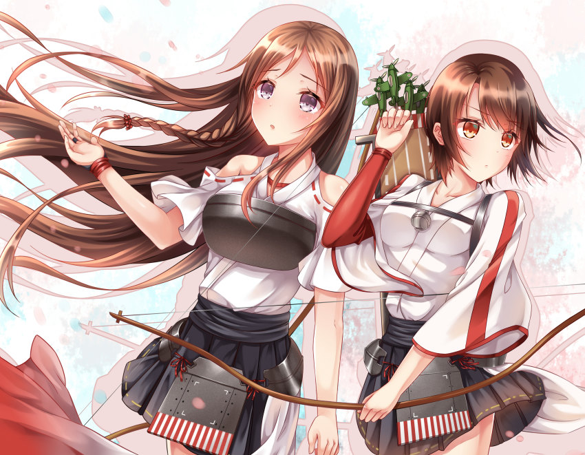 2girls, absurdres, arm_warmers, bare_shoulders, bell, black_skirt, bow_(weapon), braid