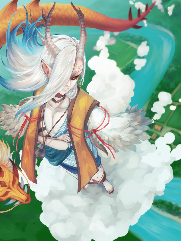 1boy, barefoot, black_sclera, cloud, colored_sclera, crossed_arms, dragon, eastern_dragon, from_above, horns, ichimokuren_(onmyoji), jewelry, male_focus, nail_polish, necklace, onmyoji, pale_skin, pointy_ears, red_eyes, red_nails, river, rorira, single_horn, solo, standing, white_hair